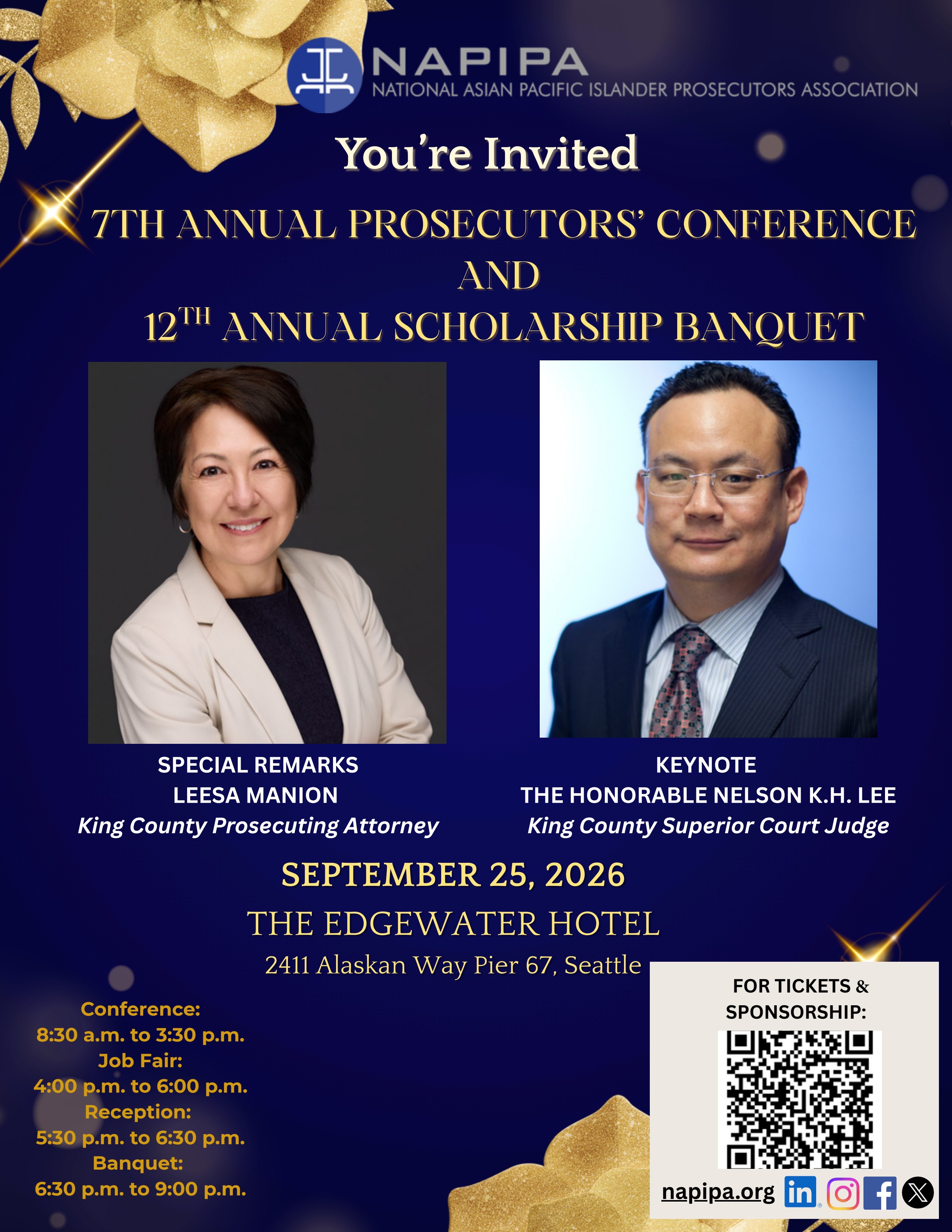 NAPIPA 2026 invitation: 7th Annual Prosecutors' Conference and 12th Annual Scholarship Banquet, September 25, 2026 at The Edgewater Hotel, Seattle
